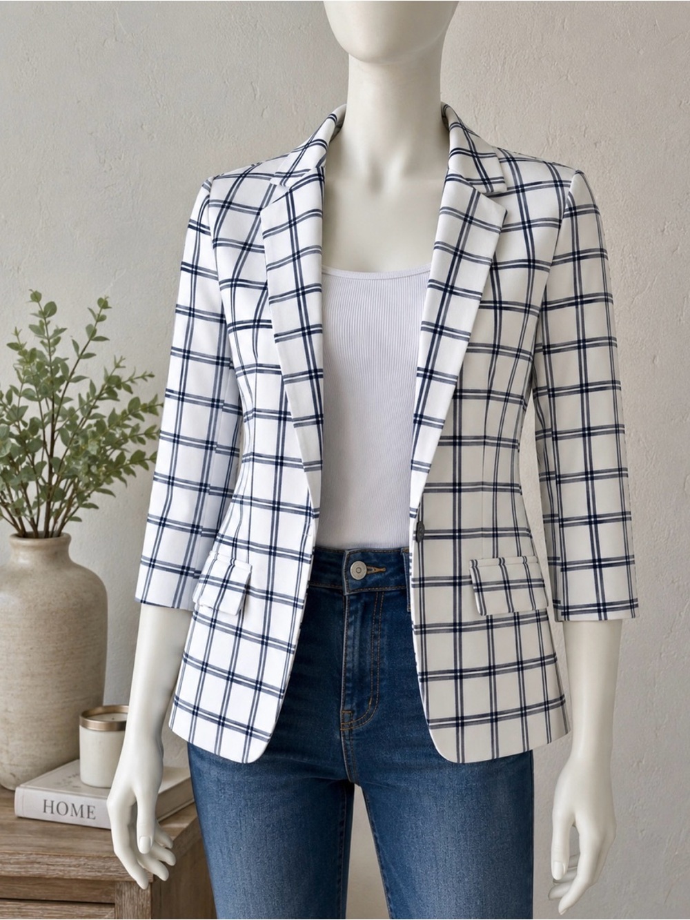 Tailored White Blazer with Navy Windowpane